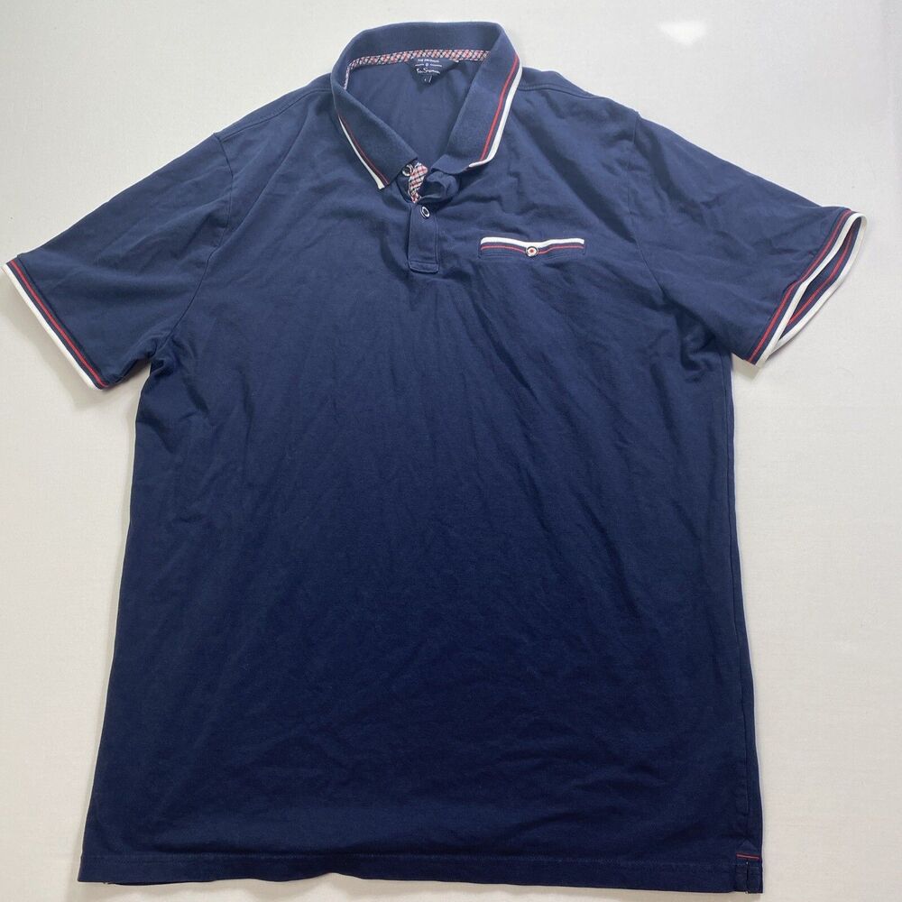 Ben Sherman Golf Polo Shirt Mens Size Large Red White Blue Stretch Pocket Rugby